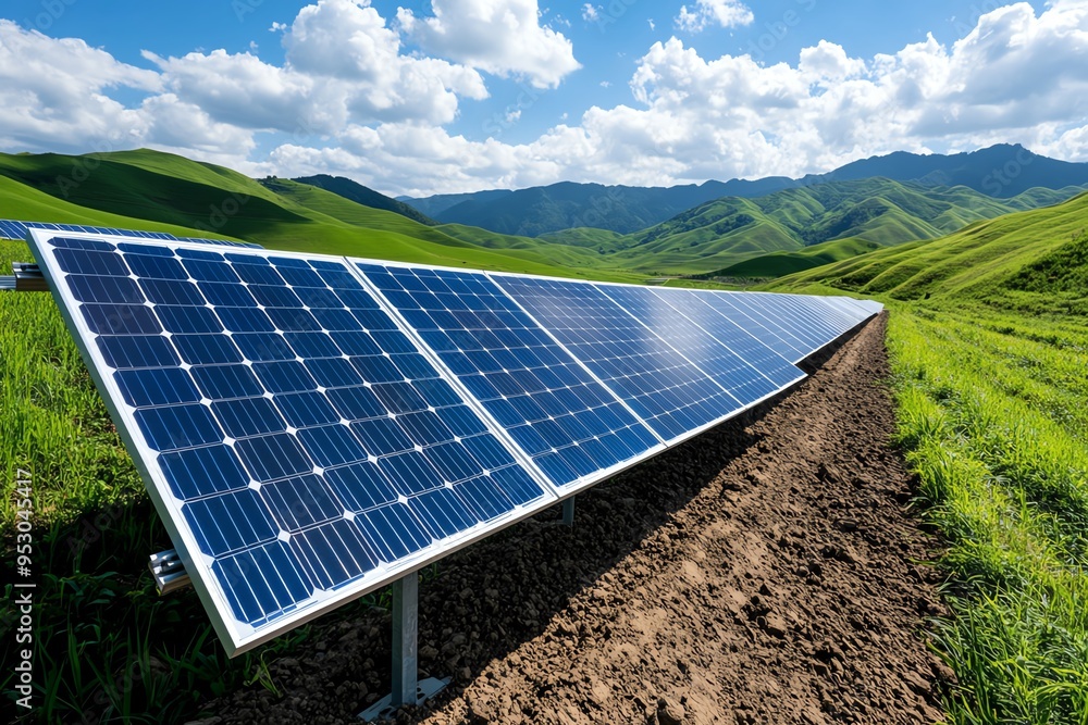 Aufkleber clean energy engineering is showcased in a realistic photo of a solar farm with rows of solar panels