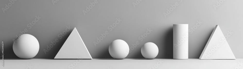 Poster minimalistic shapes in a grayscale palette, featuring a sphere, cone, cylinder, and pyramid arranged