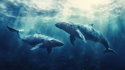 Fototapeta premium two whales swimming, surfacing, ocean horizon, big waves, vibrant, serene atmosphere, playful interaction, calm sky
