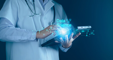 Data scientists, Scientist using tablet analyzing and development at various information on futuristic virtual interface, AI, Algorithm, marketing and deep learning of artificial intelligence