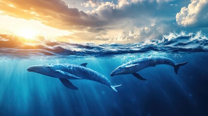 Fototapeta premium two whales swimming, surfacing, ocean horizon, big waves, vibrant, serene atmosphere, playful interaction, calm sky