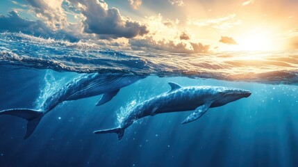 Fototapeta premium two whales swimming, surfacing, ocean horizon, big waves, vibrant, serene atmosphere, playful interaction, calm sky