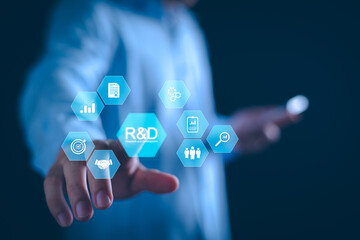 Research and Development, R and D Concept. businessman with R and D,  Research and development or R...