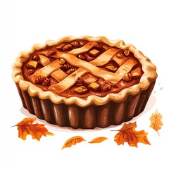 A Thanksgiving pie with 70s-inspired designs clipart, retro patterns, earthy colors, digital painting, isolated on white background