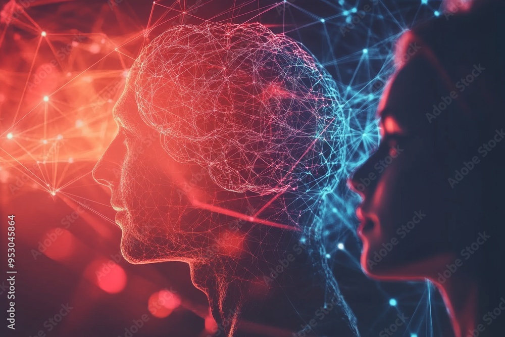 Poster radiant minds two figures with glowing brain illustrations representing the light of intellectual un