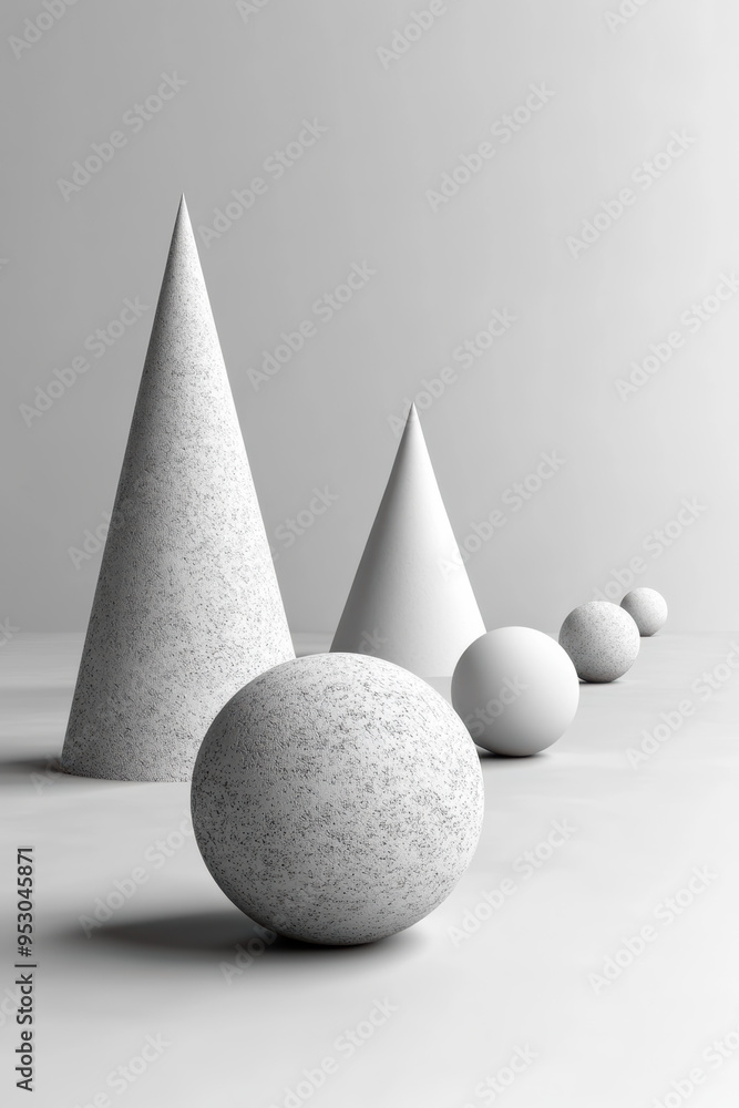 Poster minimalist composition of geometric shapes with cones and spheres in a clean, monochromatic setup, p