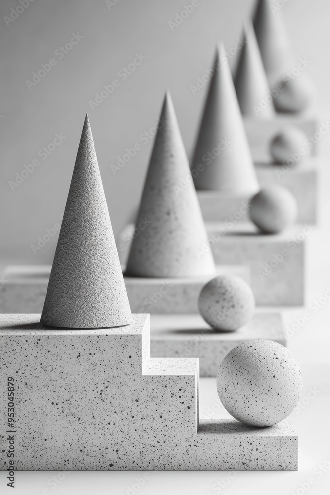 Poster abstract geometric composition with textured cones and spheres on steps in grayscale.