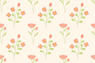 A repeating pattern of pink flowers and buds with green leaves on a pale background.