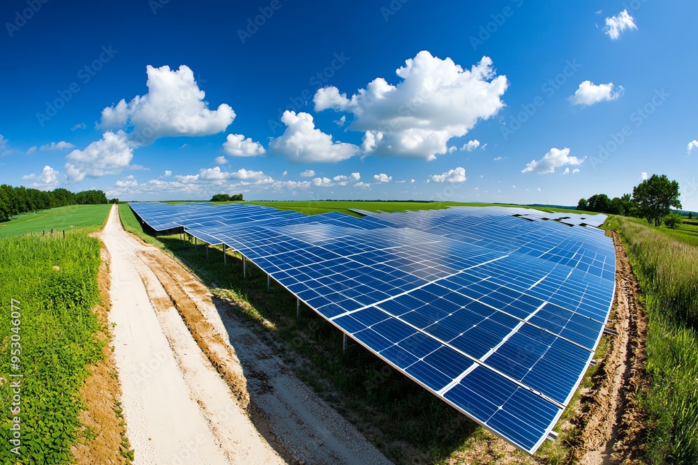 Poster clean energy project expansion is captured in a realistic photo of a large solar farm under construc