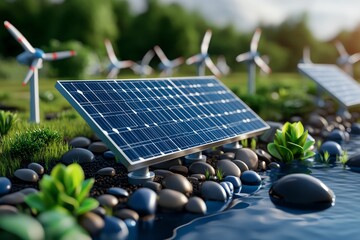 Clean energy sustainability and environmental protection are featured in a detailed illustration of a solar farm designed to minimize ecological impact