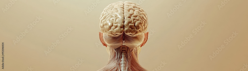 Poster detailed anatomical model of the human brain and upper spinal cord, showcasing intricate neural path