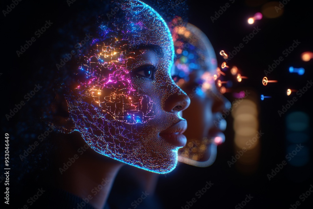 Poster digital minds profile of a woman with glowing neural patterns representing the integration of though