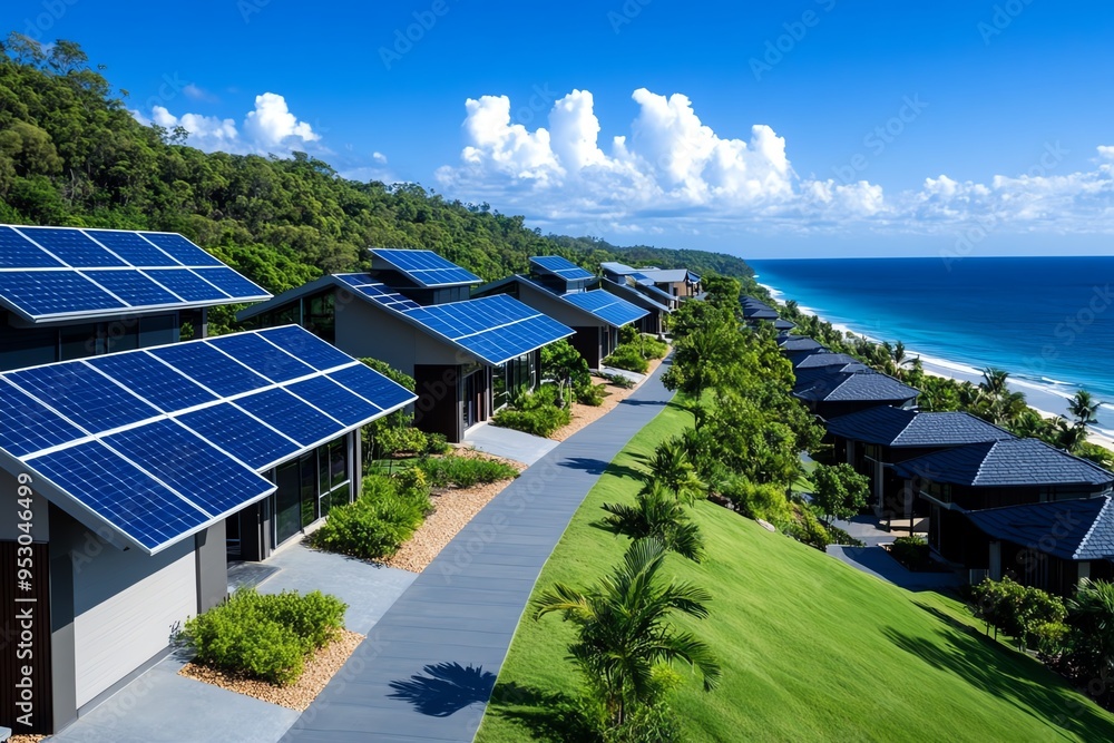 Poster cost-effective clean energy is captured in a realistic photo of a community powered entirely by rene