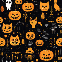 Halloween Seamless Pattern with Jack-O-Lanterns, Black Cats, and Ghosts