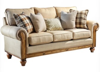 Fototapeta premium farmhouse style distressed wood sofa with rolled arms and neutral fabric with a vintage cabin feel rustic home decor