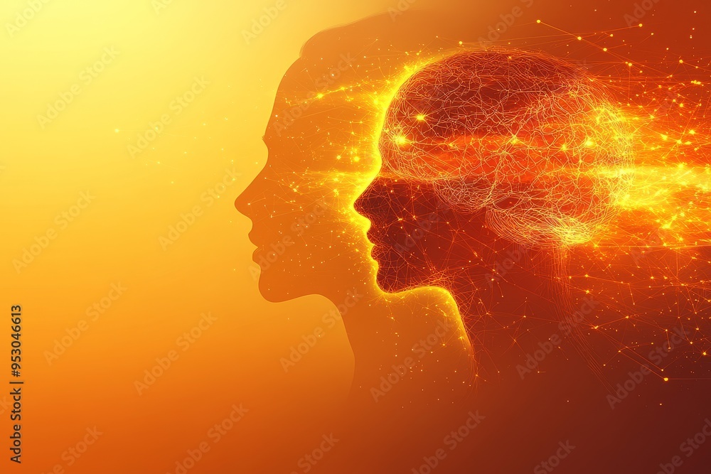 Poster fiery thought silhouettes with glowing brain patterns in warm tones representing the power and energ