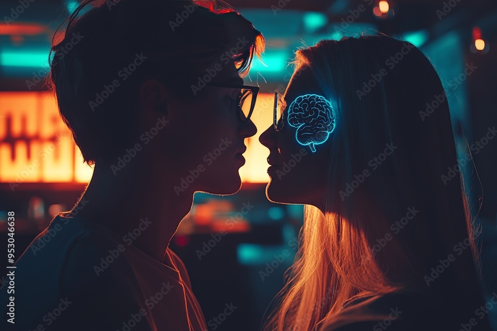 Poster neon thoughts a couple with glowing brain illustrations in a dimly lit environment representing cogn