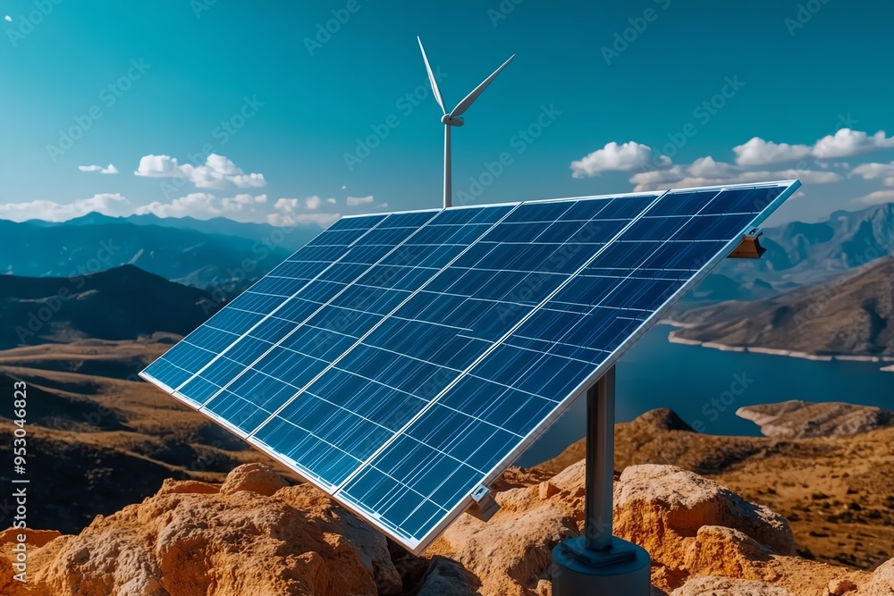 Poster Eco-friendly clean energy is depicted in a minimalist design focusing on a sleek solar panel array against a neutral background, emphasizing carbon neutrality
