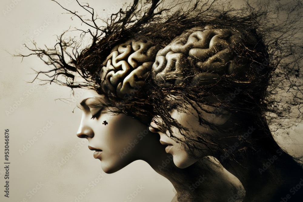 Poster organic minds artistic representation of two faces with tree like brain illustrations symbolizing th