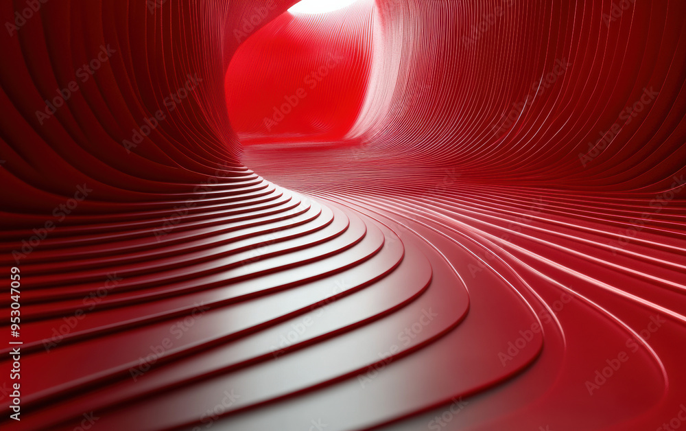 Poster abstract image of a curving, futuristic red tunnel with textured walls, creating a dynamic and capti