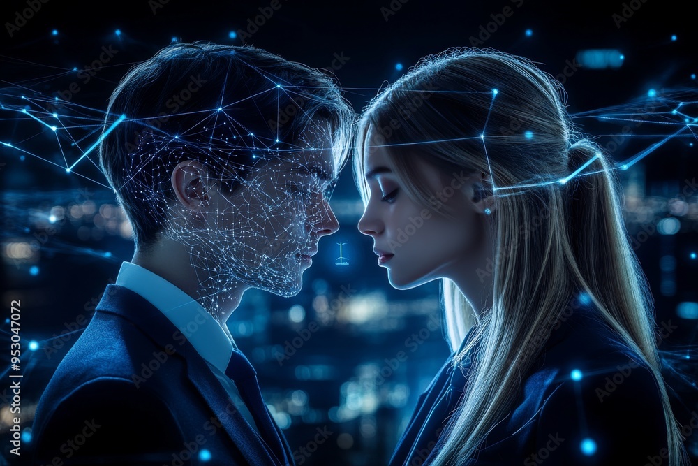 Poster digital love a couple facing each other with glowing neural networks representing the fusion of emot