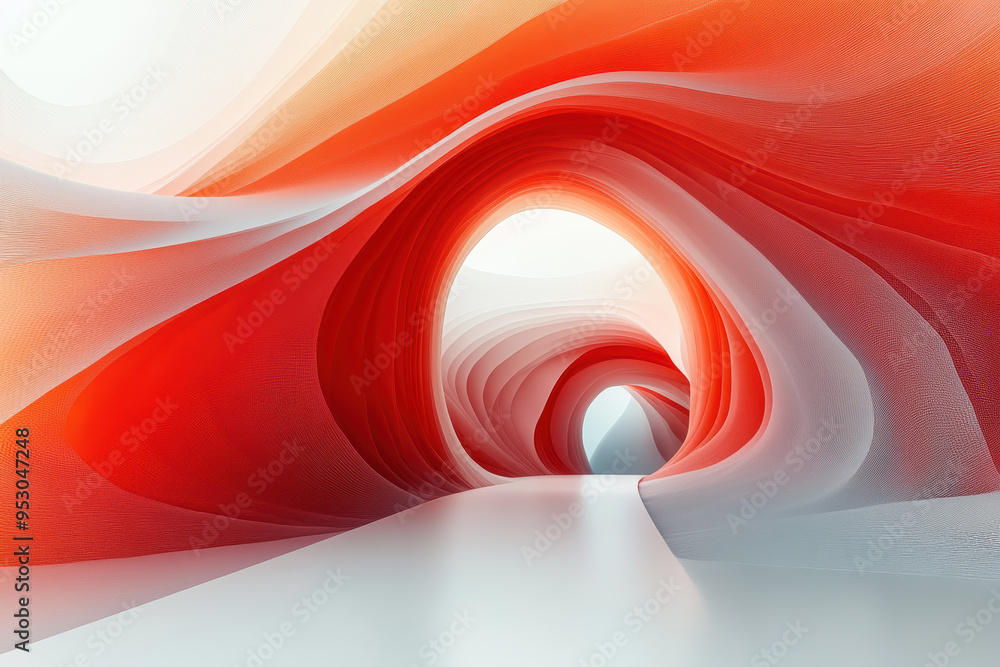 Poster abstract digital artwork of flowing red and white waves forming a tunnel-like structure, representin