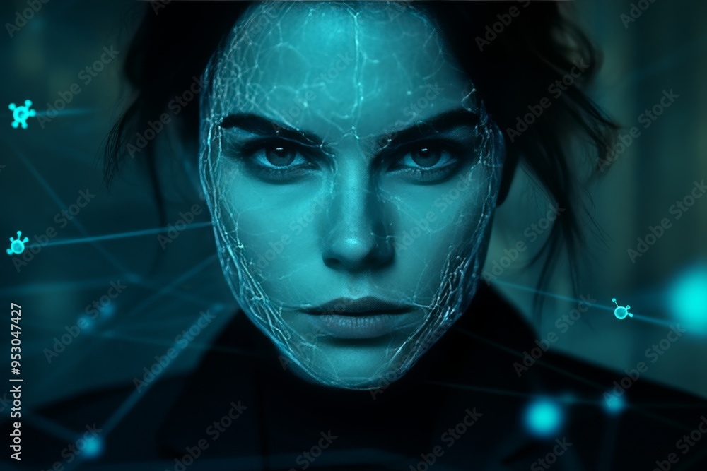 Poster digital reflection a womans face with fragmented neural patterns representing the intersection of te