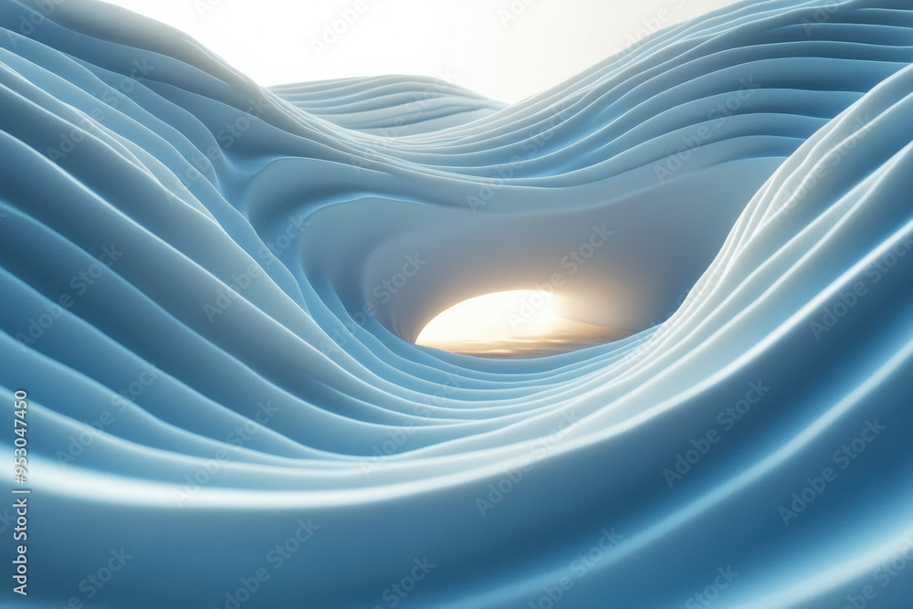 Poster abstract waves of blue fabric creating a tunnel with light shining through, evoking a sense of depth