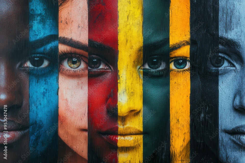 Aufkleber diverse faces are depicted behind a bold barrier, highlighting themes of division and bias through v