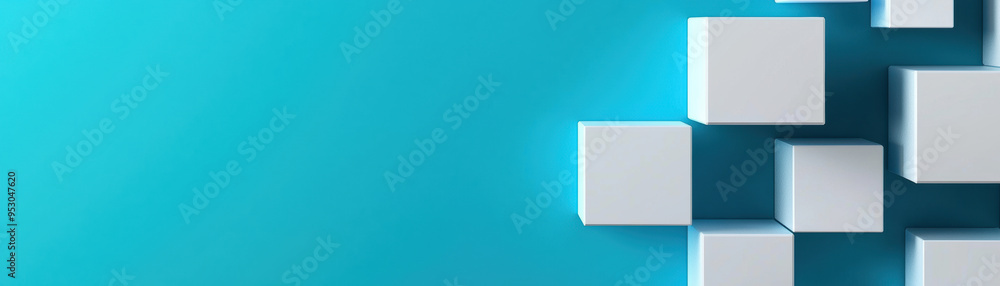 Poster a modern abstract background featuring white cubes floating against a gradient blue backdrop, creati