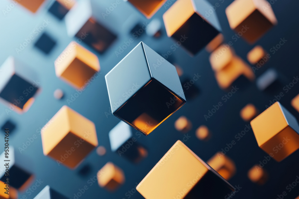 Poster abstract geometric background with floating gray and orange cubes, creating a modern visual effect. 