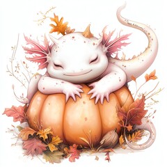 Obraz premium An axolotl cuddling with a Thanksgiving pumpkin clipart, cute and cozy, warm autumn tones, digital painting, isolated on white background