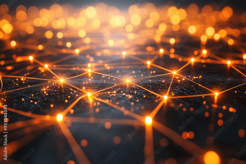 Poster abstract glowing orange network connections with lights and lines, representing a digital communicat
