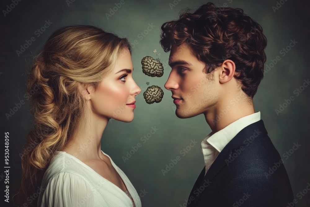 Poster romantic thought a couple with glowing brain patterns representing the fusion of love and cognitive 