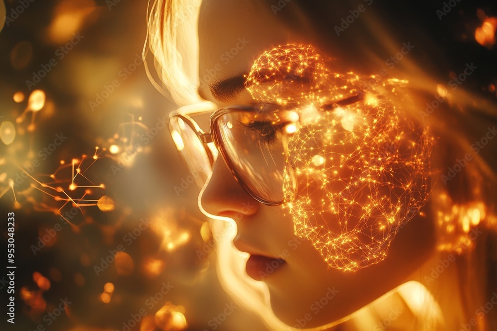 Poster illuminated knowledge woman with glasses and glowing brain patterns representing enlightenment and i