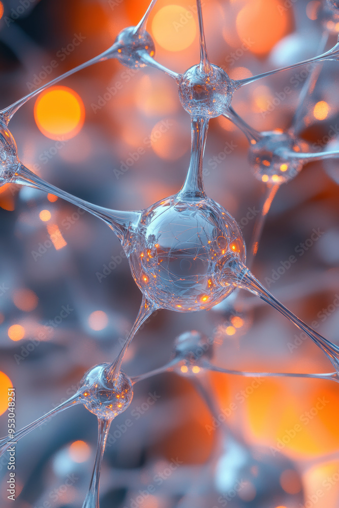 Poster close-up of a futuristic network of interconnected glowing nodes, representing technology, data, and