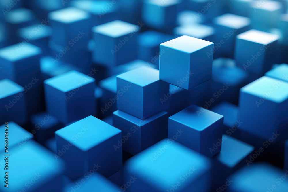 Poster abstract of numerous blue cubes in varying sizes, creating a dynamic and visually striking geometric