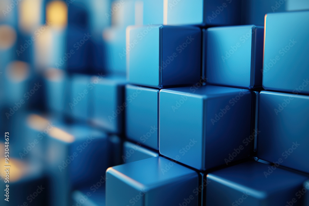 Poster close-up view of blue cubes with a soft-focus effect, creating a modern and abstract geometric backg