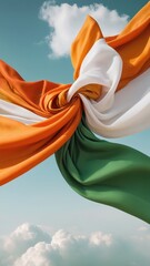 The Irish flag waving in the wind against a clear blue sky with fluffy clouds. The colors green, white, and orange are beautifully displayed, symbolizing the nation's pride and unity