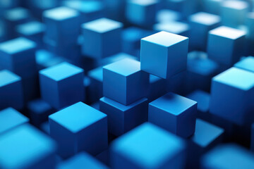 Obraz premium Abstract of numerous blue cubes in varying sizes, creating a dynamic and visually striking geometric pattern.