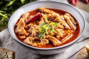 Tasty soup or stew made of beef tripe and spices. Spicy and aromatic tripe soup seasoned with...