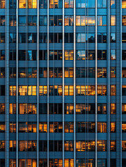 A photo of the facade of an office building with rows of windows, each window glowing subtly from within