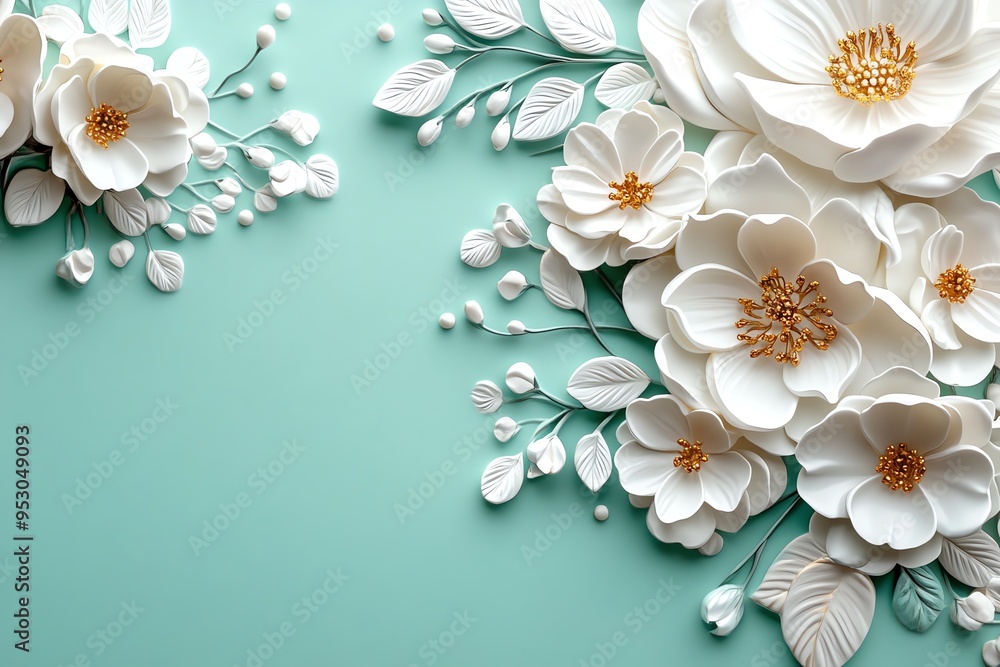 Poster mint color floral art with intricate details and soft hues, illustrated in a scene where floral art 