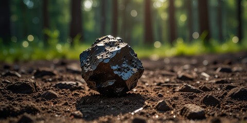 Close-up view of a meteorite on dirt soil in a forest