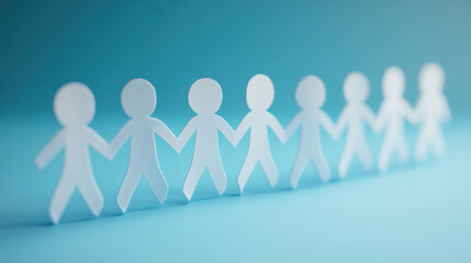 Paper chain of human figures symbolizing unity, teamwork, and community against a blue background. Cutout, connection, and togetherness concept.