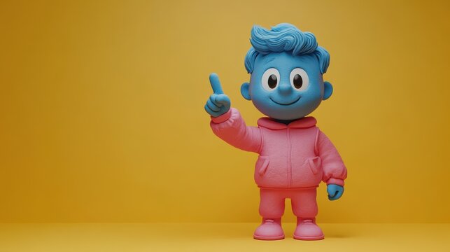 3D render of a blue-skinned cartoon character wearing a pink shirt isolated on a yellow background, showing an index finger gesture for the best deal or idea concept.