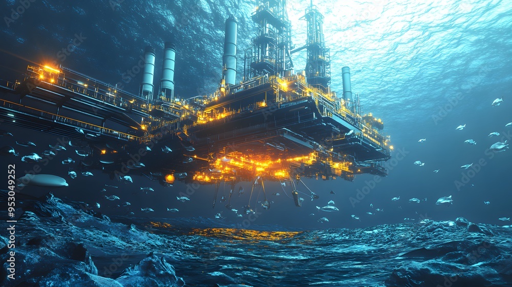 Poster a man in a yellow jacket is looking at a tablet while standing in front of a large oil rig