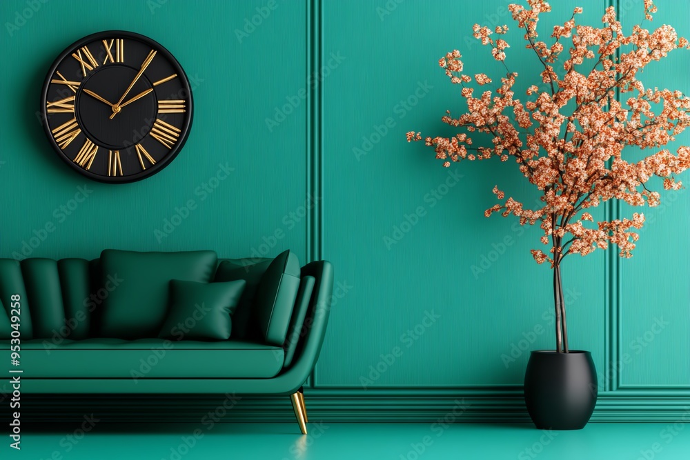 Poster mint color interior design with a focus on simplicity and elegance, depicted in an artwork where an 