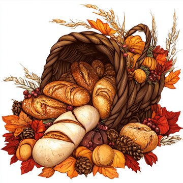 basket overflowing bread, pumpkins, autumn leaves clip art preview