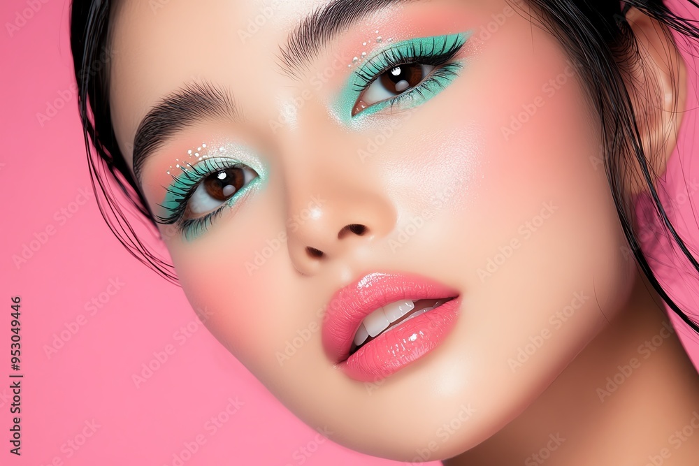 Poster mint color makeup look with pastel eyeshadows and soft lips, depicted in an artwork where a makeup l